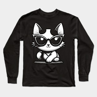 Retro Cat in Sunglasses Novelty Funny Cat Long Sleeve T-Shirt